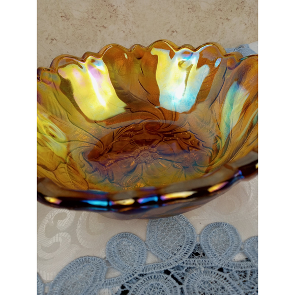 Indiana Glass Flower & Leaf Marigold Carnival Scalloped Footed Serving Bowl 9" - Picture 4 of 12